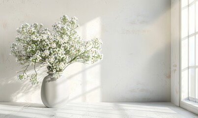 home interior with white flowers in a vase on a light background for product display, Generative AI - obrazy, fototapety, plakaty