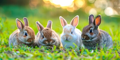 Charming close-up of bunny family nestled in green grass, with vibrant, warm sunlight enhancing their fluffy appeal. - Powered by Adobe
