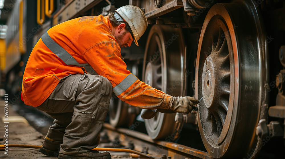 Wall mural a man inspects the serviceability of the train wheels