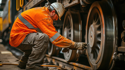 a man inspects the serviceability of the train wheels