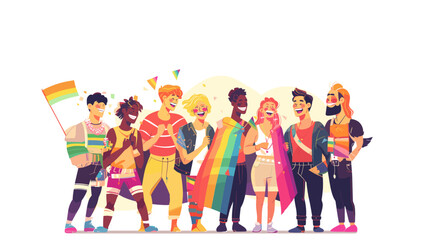 illustration group of diverse friends enjoying a Pride event, wearing colorful clothes and waving rainbow flags, captured in an intimate moment of happiness and unity.