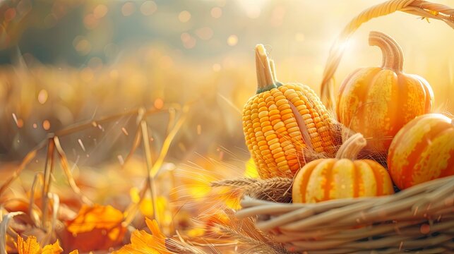 Erntedank Thansgiving  agriculture harvest banner Pumpkins and corn on the cob in a basket with defocused landscape field in the background abundance store crops warm sunlight