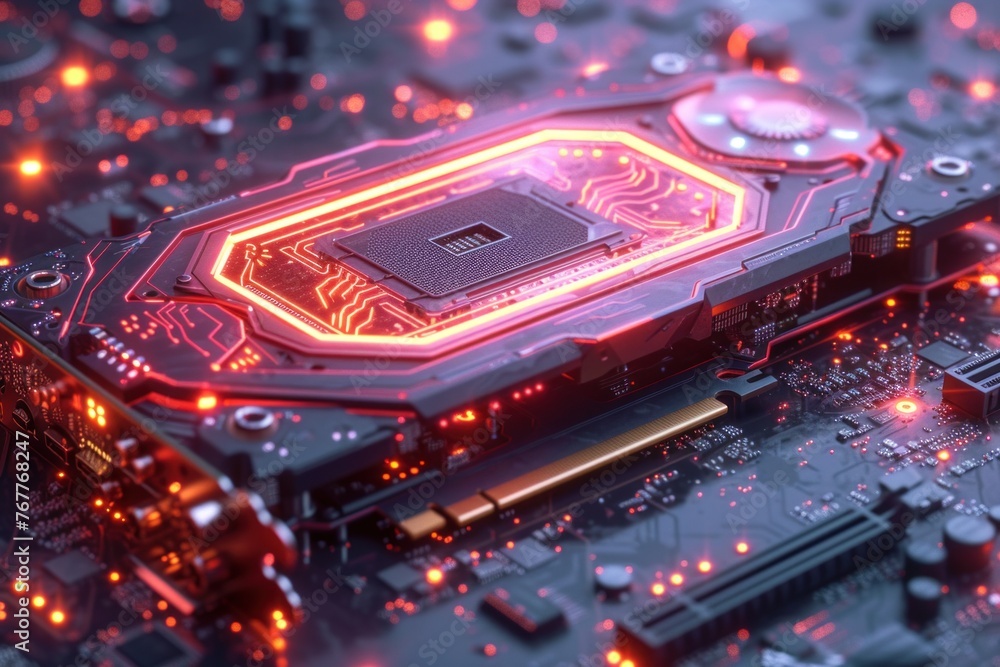 Poster close-up view of a computer processor on a circuit board with red illumination