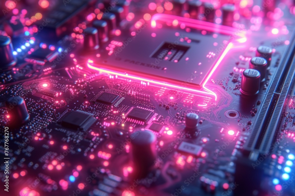 Poster close-up view of a computer processor on a circuit board with red illumination