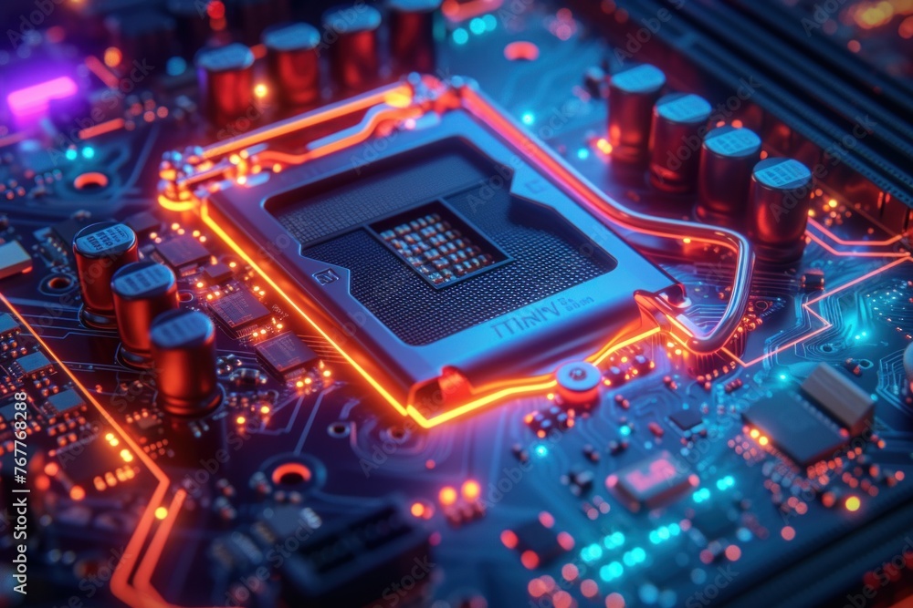 Poster close-up view of a computer processor on a circuit board with red illumination
