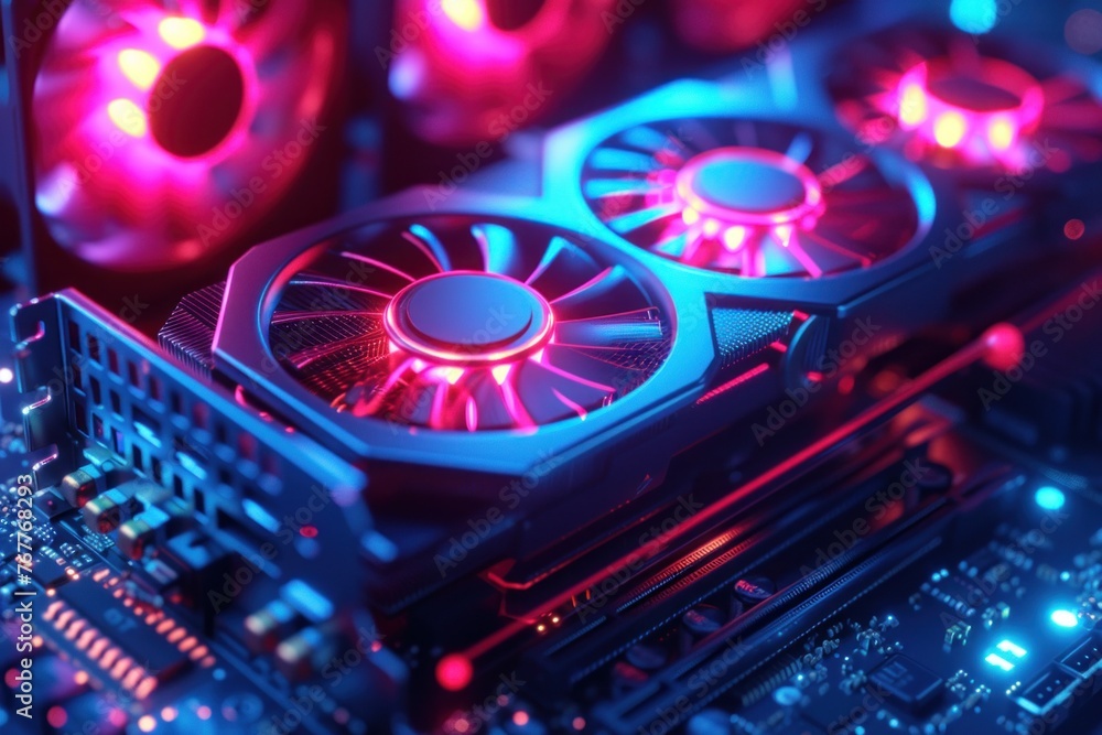 Poster close-up view of a glowing graphics card with fans operative against a dark background