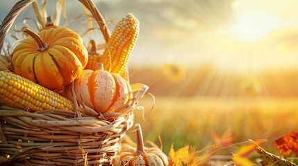 Erntedank Thansgiving  agriculture harvest banner Pumpkins and corn on the cob in a basket with defocused landscape field in the background abundance store crops warm sunlight