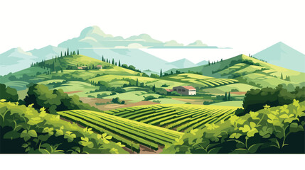 Hilly landscape cultivated vineyards. Flat vector 