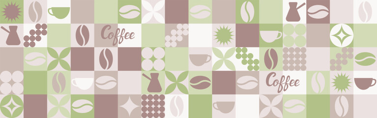 Coffee seamless background for textile and wallpaper with geometric shapes and coffee beans. Fashionable splash template with a cup in brown and green tones. - obrazy, fototapety, plakaty