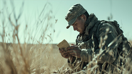 .a man in a military uniform is sitting in a field with dry rations
