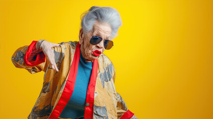 An old fashionable woman is dancing a modern dance. She is wearing bright clothes and makeup, a yellow studio background