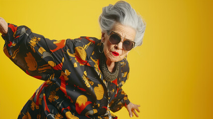 An old fashionable woman is dancing a modern dance. She is wearing bright clothes and makeup, a yellow studio background