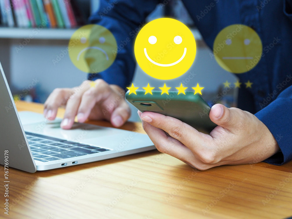 Poster customer or user satisfaction rating excellent five-star smiley face rating to evaluate services or 