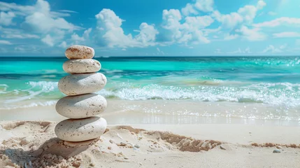 Rolgordijnen Vacation relax summer holiday travel tropical ocean sea panorama landscape stack of round pebbles stones on the sandy sand beach, with ocean in the background Mental Health Practice harmony balance. © Sittipol 