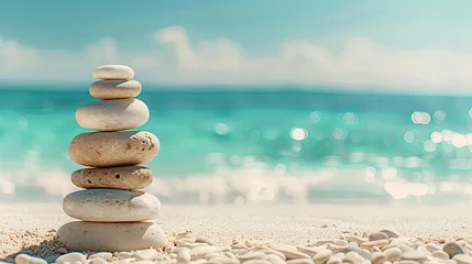 Foto auf Leinwand Vacation relax summer holiday travel tropical ocean sea panorama landscape stack of round pebbles stones on the sandy sand beach, with ocean in the background Mental Health Practice harmony balance. © Sittipol 