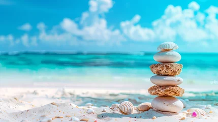 Foto auf Glas Vacation relax summer holiday travel tropical ocean sea panorama landscape stack of round pebbles stones on the sandy sand beach, with ocean in the background Mental Health Practice harmony balance. © Sittipol 