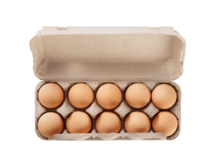 Overhead view of brown chicken eggs in an open egg carton isolated on white