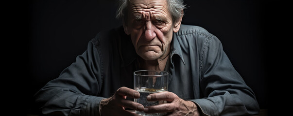 Old man drinking a glass of water in dark room - obrazy, fototapety, plakaty