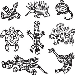 Vector tribal animals set in Australian aboriginal style.