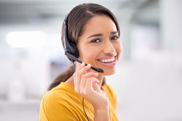 African woman, smile and headset in portrait talking and helping customer in call center....