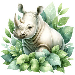 Cute rhino watercolor clipart with transparent background - 767770027