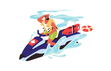 Beach lifeguard drives water scooter, looking for people to rescue. Rescuer patrols sea on jet ski. Personal watercraft to provide emergency aid, lifesaving. Flat isolated vector illustration on white