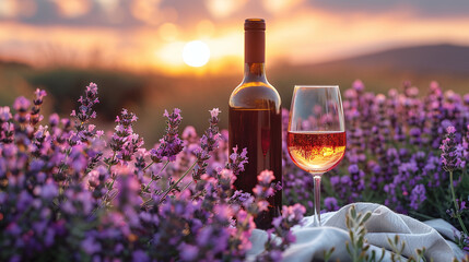 A bottle of wine and a glass stand on a blanket in a lavender field - obrazy, fototapety, plakaty