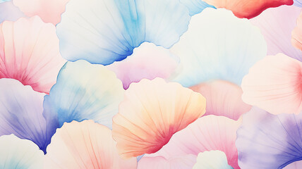 Colorful pastel seashells, watercolor background postcard - obrazy, fototapety, plakaty