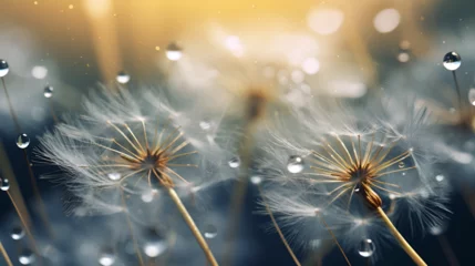 Fotobehang A dandelion seed head in middispersion with seeds floating away in the wind highlighting the plant's efficient method of propagation © Saim