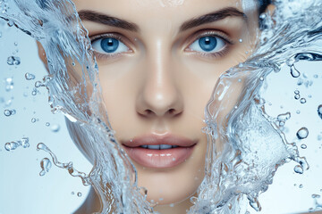 A woman's face is partially submerged in water, with her eyes closed and a smile on her face. The water droplets create a sense of movement and energy
