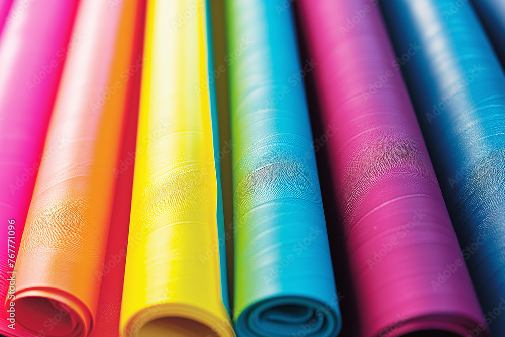 Poster a row of colorful rolls of paper. the rolls are of different colors and sizes. the rolls are arrange