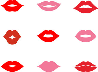 Different women's lips vector icon. Kiss Shape, Kissing lips. Red lips close up girls isolated from white background.