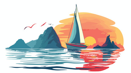 Illustration of sailing boat and sea Flat vector  - obrazy, fototapety, plakaty