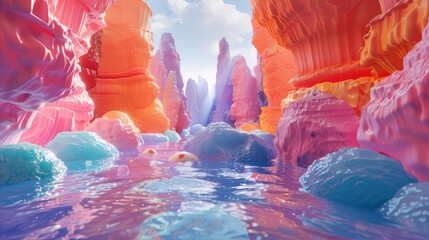Surreal candy-colored canyon landscape with a crystal clear river flowing through it - obrazy, fototapety, plakaty