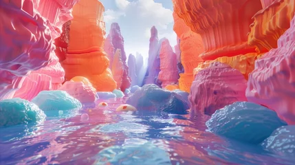 Türaufkleber Surreal candy-colored canyon landscape with a crystal clear river flowing through it © AlexanderD
