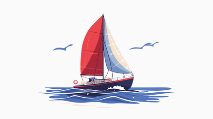 Illustration of sailing boat and sea Flat vector 