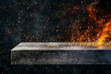 Side view of Empty concrete table top with orange fire or flame and sparkles in dark room.