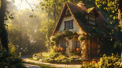 A charming cottage nestled in a sun-dappled forest clearing, its quaint exterior adorned with...