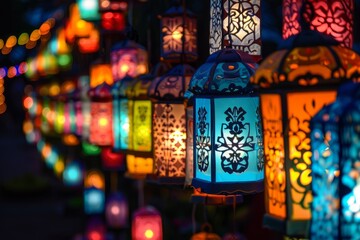 Fototapeta na wymiar A multitude of brightly colored lanterns are lit up in the darkness, creating a vibrant and lively atmosphere