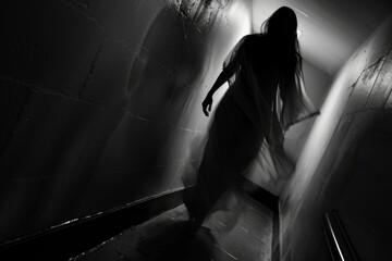 A ghostly woman is walking down a dark hallway, her figure appearing ethereal against the dim lighting - obrazy, fototapety, plakaty