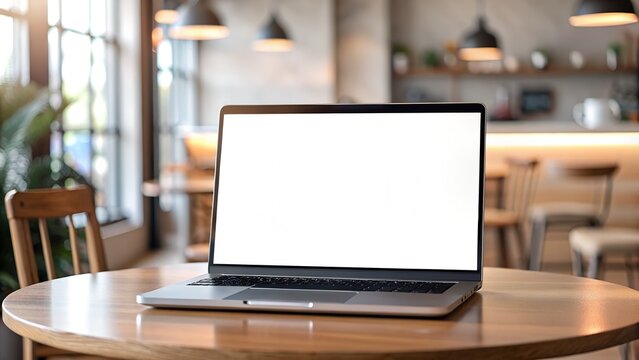 Mockup Image of Laptop with Blank Transparent Screen | Cozy Cafe or Snack Bar Environment"