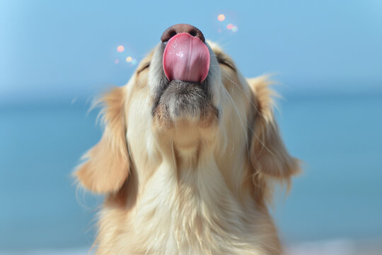 A dog is licking its lips and looking up at the sky