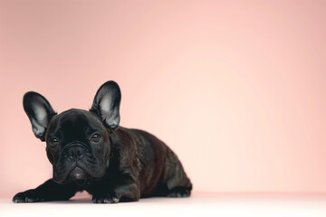 A black dog with floppy ears is laying on a pink background, Black French Bulldog - Powered by Adobe