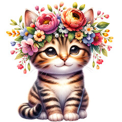 Cute floral tabby cat watercolor clipart with transparent background - 767772071