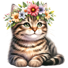 Cute floral tabby cat watercolor clipart with transparent background - 767772083