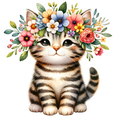 Cute floral tabby cat watercolor clipart with transparent background - 767772084