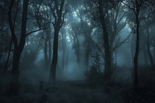 A dark forest filled with numerous trees at dusk, illuminated by mysterious light