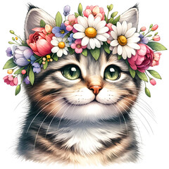 Cute floral tabby cat watercolor clipart with transparent background - 767772202