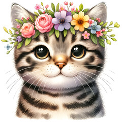 Cute floral tabby cat watercolor clipart with transparent background - 767772249