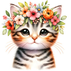 Cute floral tabby cat watercolor clipart with transparent background - 767772253